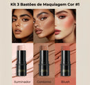 Kit 3 Bastões de Maquiagem – Contorno, Iluminador e Blush em Creme