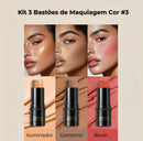 Kit 3 Bastões de Maquiagem – Contorno, Iluminador e Blush em Creme