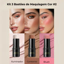 Kit 3 Bastões de Maquiagem – Contorno, Iluminador e Blush em Creme